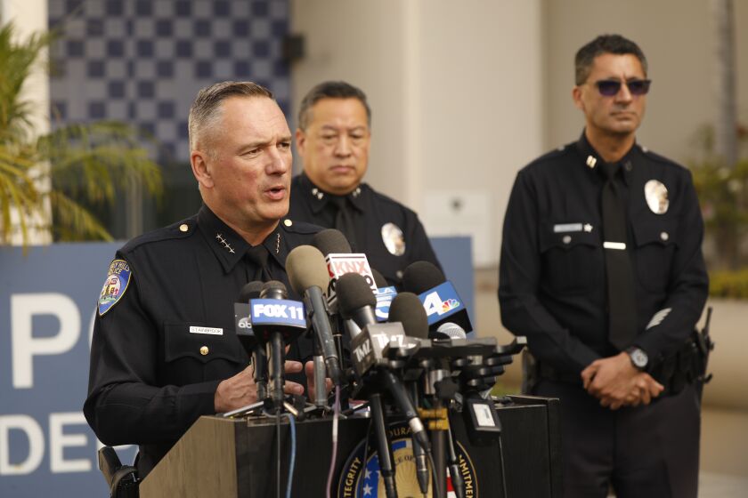 BEVERLY HILLS CA DECEMBER 2, 2021 - Beverly Hills police Chief Mark Stainbrook announces the arrest of Aariel Maynor in connection with the shooting death of Jacqueline Avant, wife of music executive Clarence Avant, during an apparent break-in at the couple's Trousdale Estates home in Beverly Hills on Thursday, December 2, 2021. Maynor was arrested about 3:30 a.m. Wednesday following an unrelated burglary in the 6000 block of Graciosa Drive in the city of Los Angeles, committed about an hour after Avant's shooting, according to Chief Stainbrook. (Al Seib / Los Angeles Times)