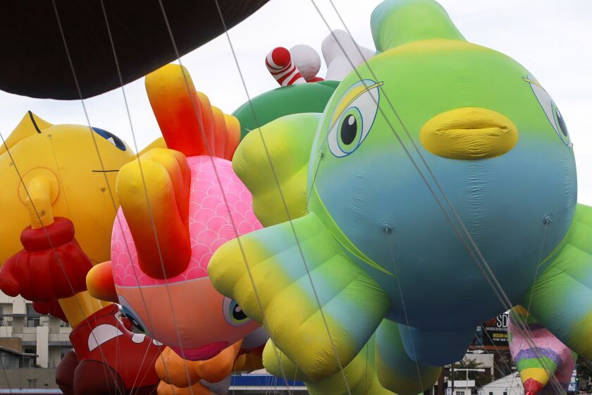 Balloons in a staging area before the start of the Port of San Diego Holiday Bowl Parade on Thursday, December 26, 2019 in San Diego, California.