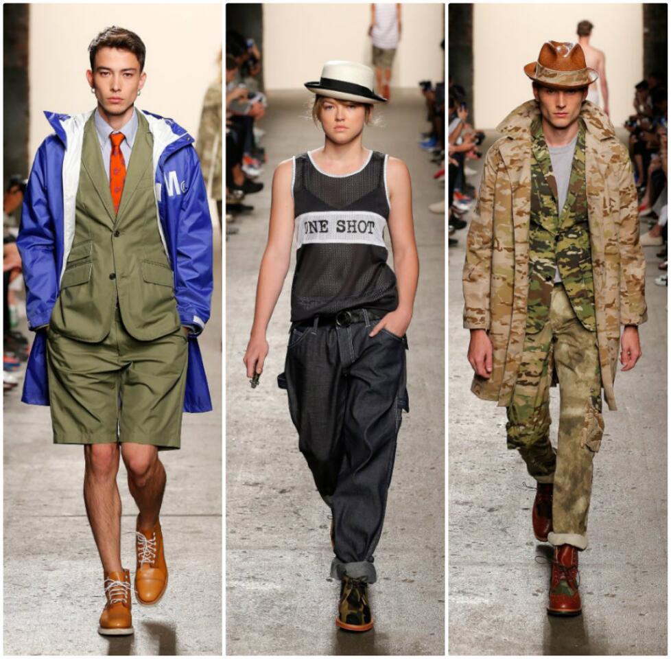 Mark McNairy's arsenal included not just traditional camo versions, but also digi-camo and blue floral camo, with camouflage appearing on trousers.