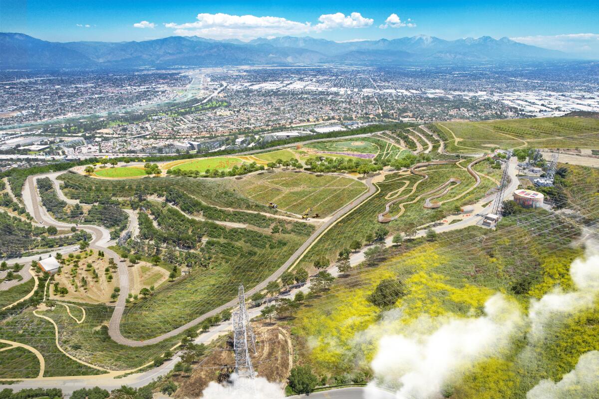 A rendering shows an aerial view of the Puente Hills Landfill as a park, the San Gabriel Mountains in the distance.