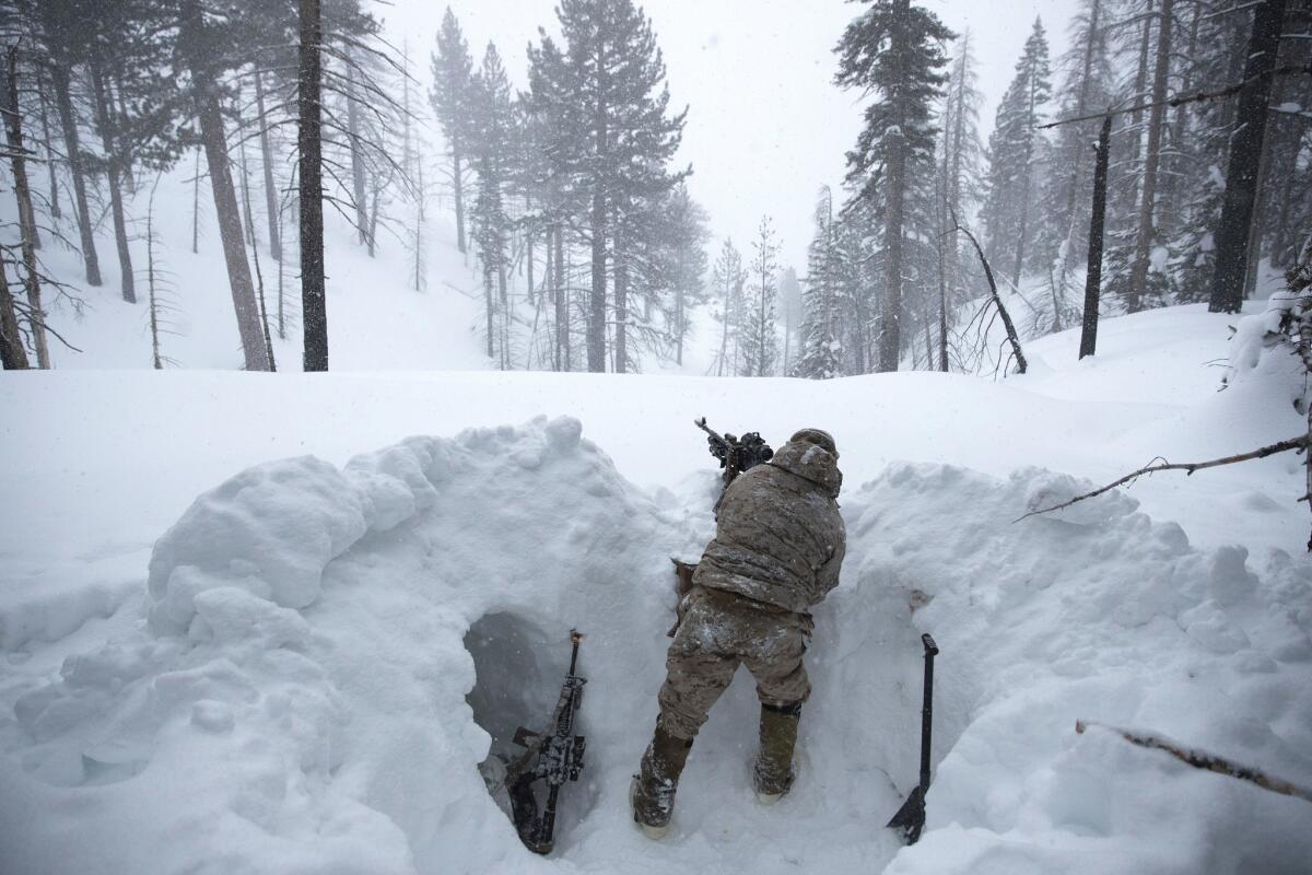A Marine participates in advanced cold weather training at the Marine Corps Mountain Warfare Training Center in Bridgeport, Calif.
