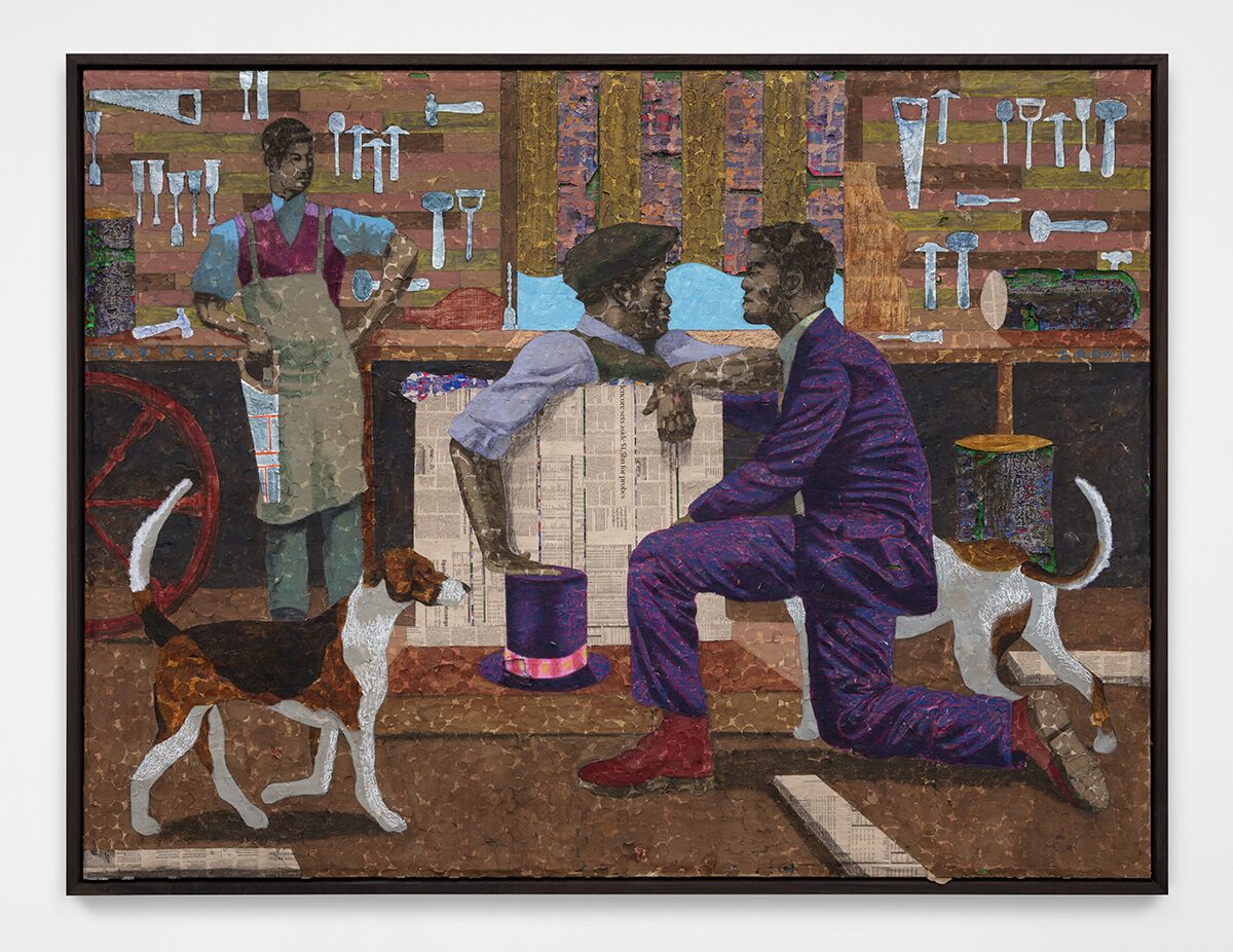 A painting of two dogs and three men, one of whom is closing himself into a crate.