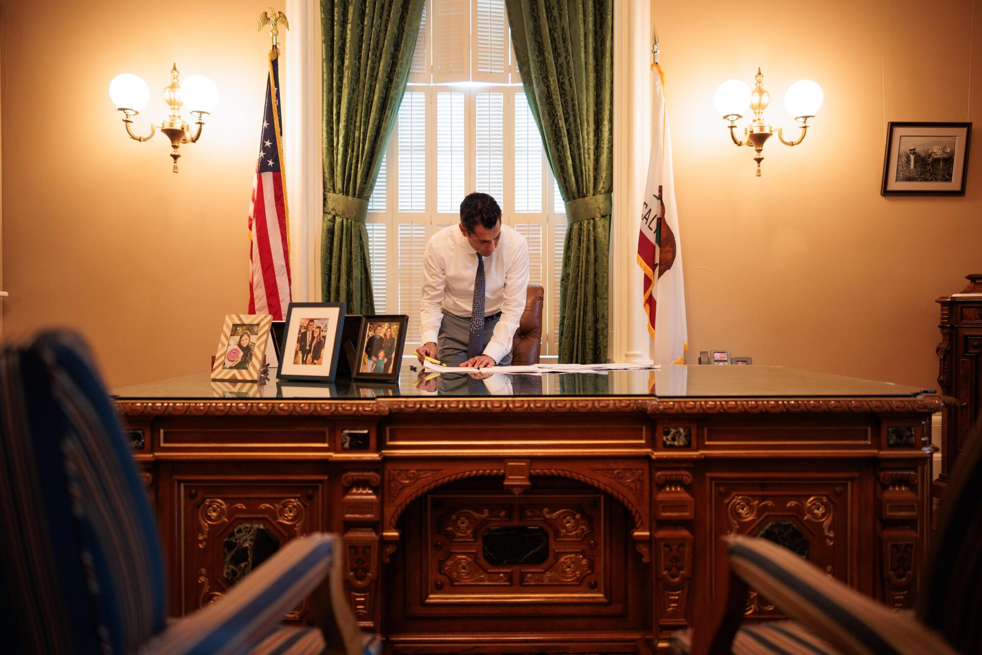 Robert Rivas works in the Speaker's Office before being sworn in as Assembly Speaker at the State Capitol in Sacramento