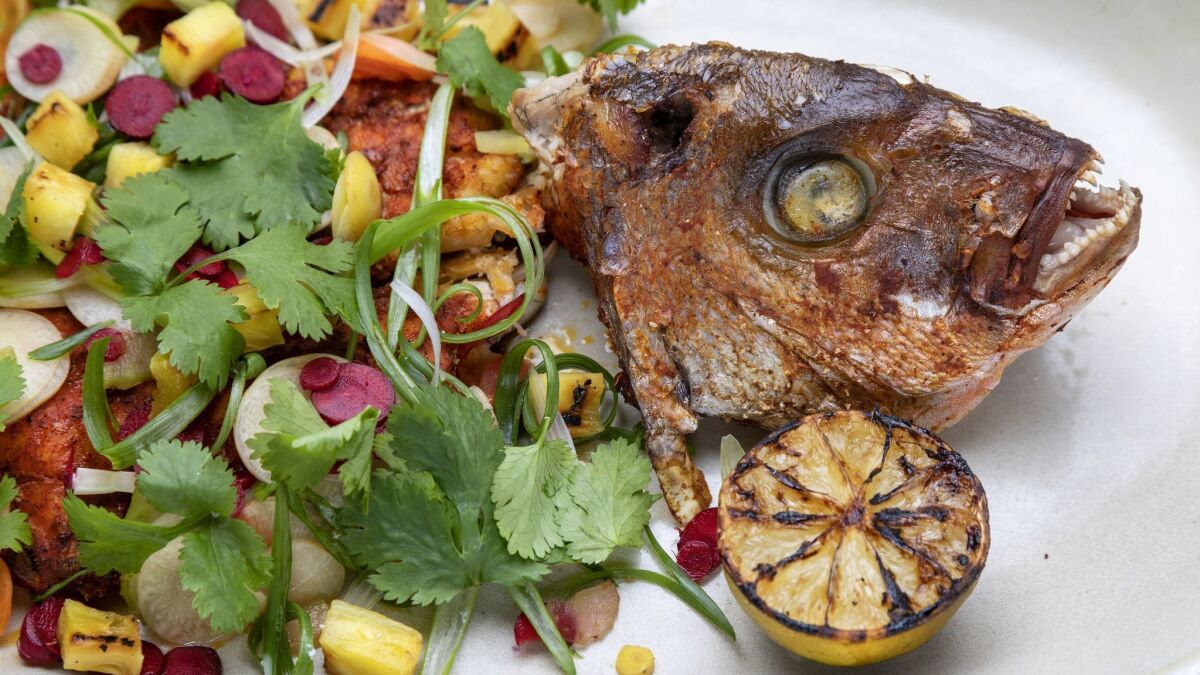 Whole snapper in escabeche with lime, pineapple and cilantro at Dama restaurant in downtown L.A.'s Fashion District.