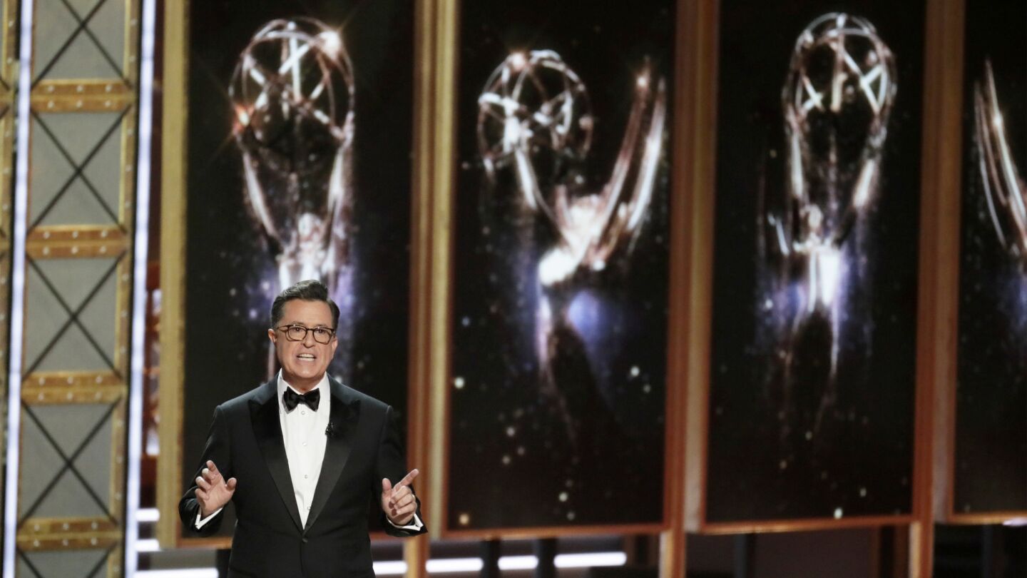 Host Stephen Colbert doing his monologue during the 69th Emmy Awards.