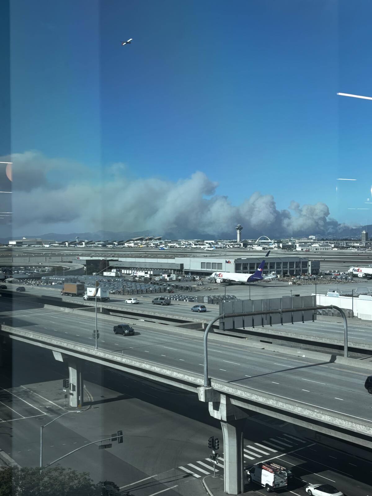 Smoke from the Palisades fire, seen from the window of the L.A. Times' office in El Segundo, on Jan. 7.