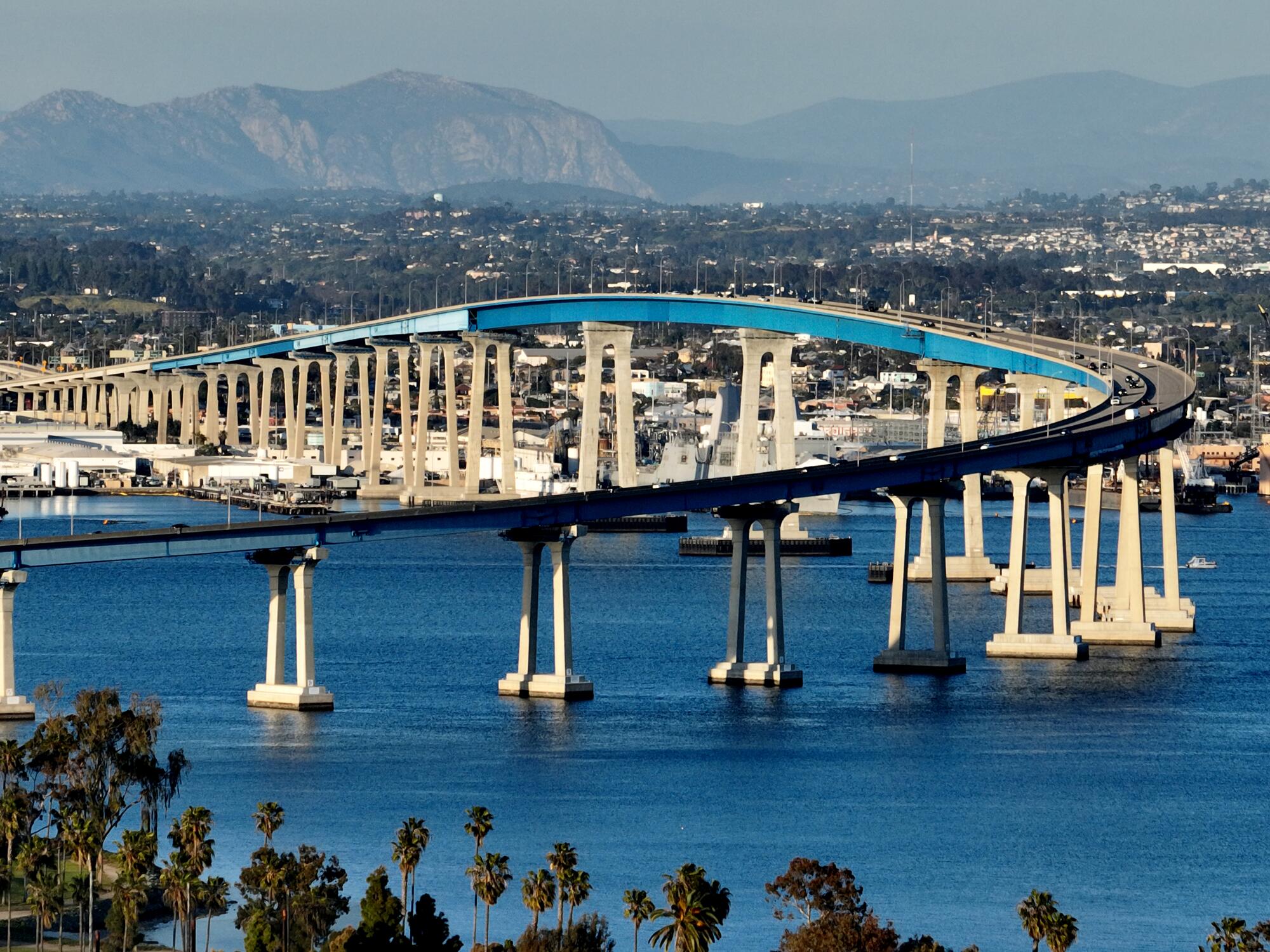Traffic flows across the San Diego-Coronado Bridge, which connects Coronado and San Diego.