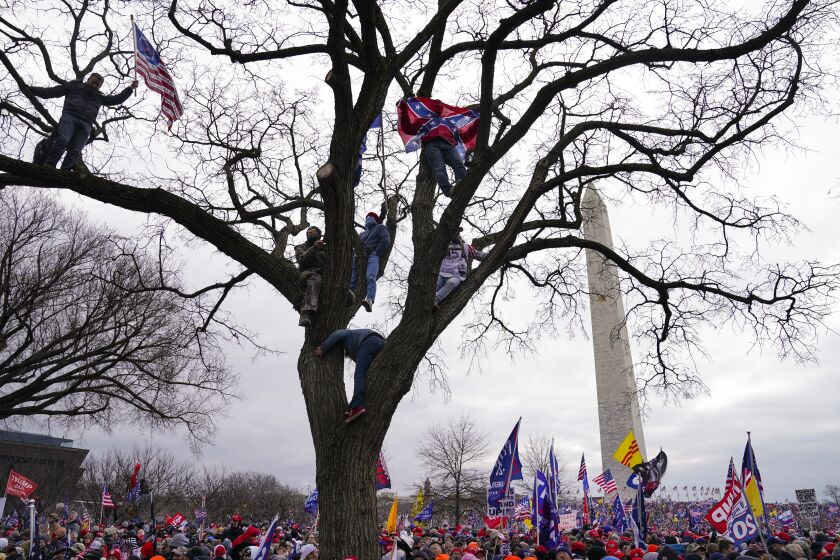 FILE - In this Wednesday, Jan. 6, 2021, file photo, supporters of President Donald Trump participate in a rally in Washington. Both within and outside the walls of the Capitol, banners and symbols of white supremacy and anti-government extremism were displayed as an insurrectionist mob swarmed the U.S. Capitol. (AP Photo/John Minchillo, File)