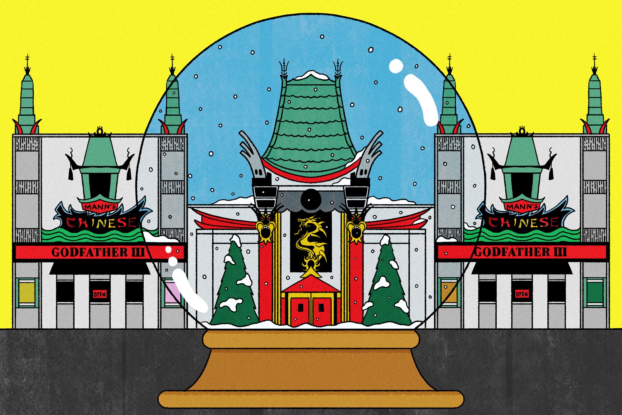 Illustration of Mann's Chinese Theater, with the central section depicted inside a snow globe.