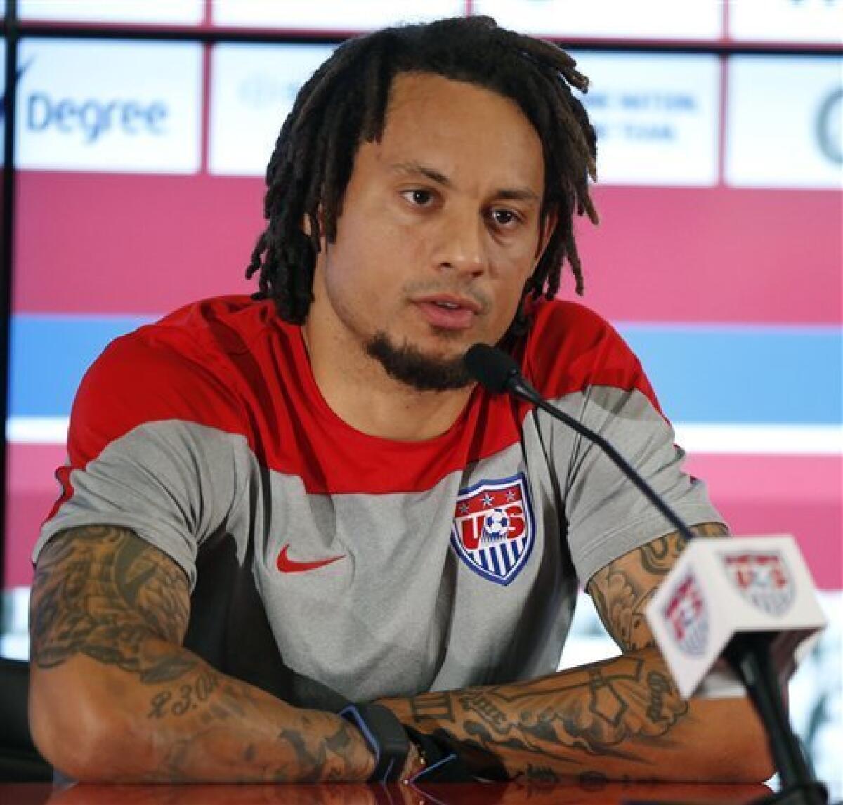 Jermaine Jones talks during a news conference before a U.S. national team training session in Sao Paulo, Brazil, on June 19, 2014.