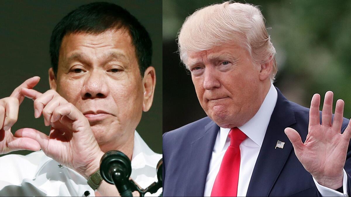 Philippine President Rodrigo Duterte on Oct. 26, 2016, in Tokyo and U.S. President Donald Trump on April 29 in Washington.