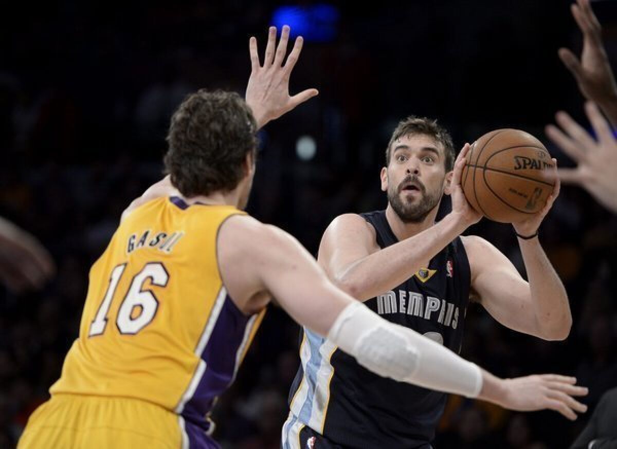 Lakers forward Pau Gasol (16) guards his brother, Memphis Grizzlies center Marc Gasol, during a game earlier this month.
