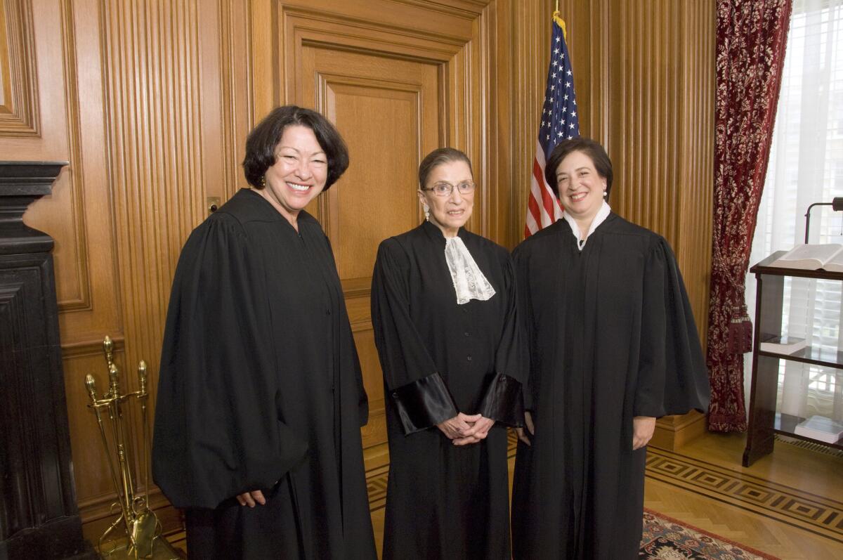 The three horsewomen of the Court's progressive wing, from left, Justices Sonia Sotomayor, Ruth Bader Ginsburg, and Elena Kagan. All voted in the Harris minority Monday to save union "agency fees."