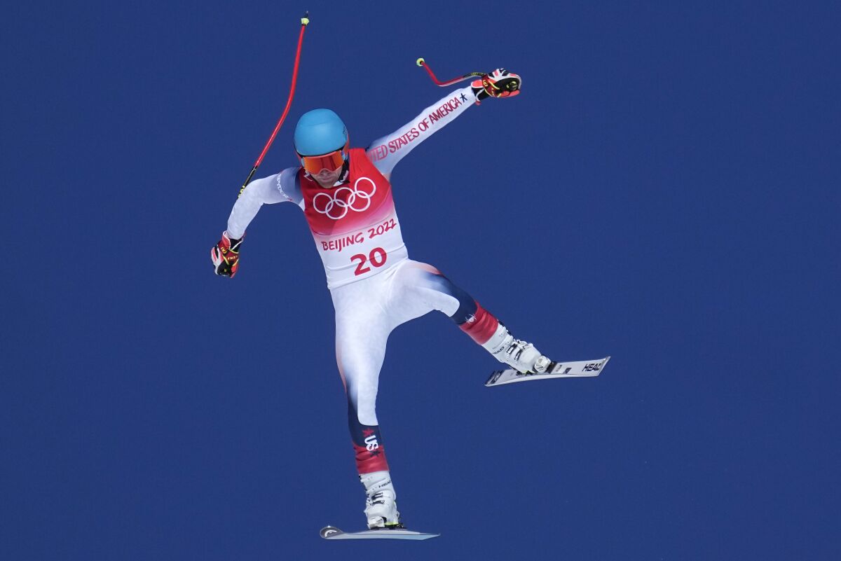 U.S. skier Ryan Cochran-Siegle goes airborne during a downhill training run at the Beijing Olympics on Thursday.