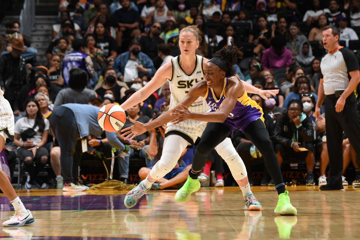 Sparks' Nneka Ogwumike moves the ball during the game against the Chicago Sky on Thursday at Crypto.com Arena.