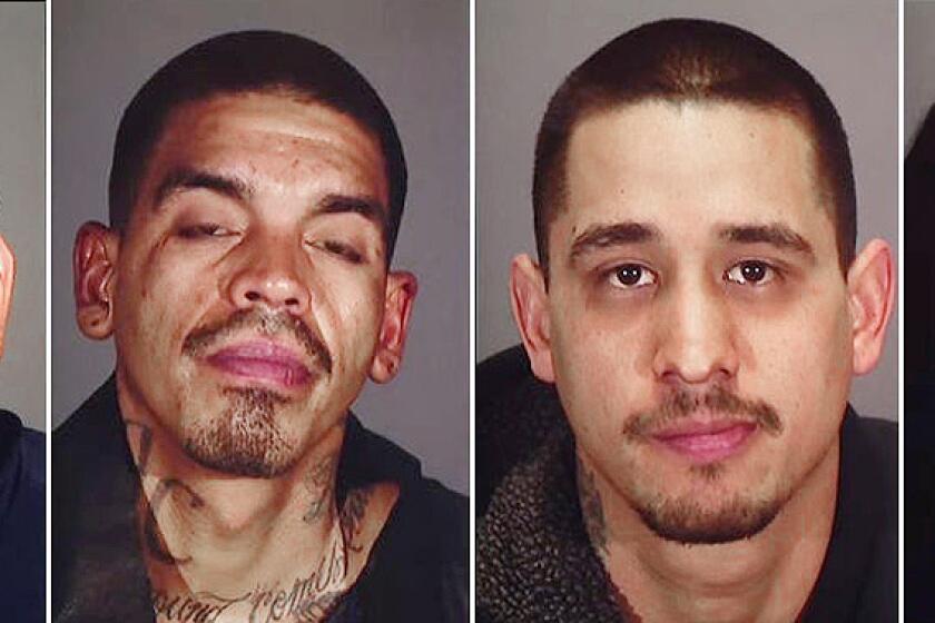 Three Gang Members and One Gang Associate Charged with Federal Racketeering Offense in Robbery and Fatal Shooting of LAPD Officer Fernando Arroyos. They are from left; Ernesto Cisneros, 22, an F13 member also known as "Gonzo"; Jesse Contreras, 34, an F13 member who claimed a moniker of "Skinny Jack,"; Luis Alfredo De La Rosa Rios, 29, an F13 member also known as "Lil J"; and Haylee Marie Grisham, 18, who is Rios' girlfriend.