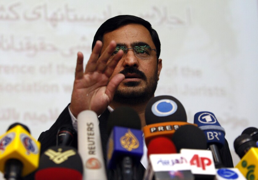 Former Tehran prosecutor Saeed Mortazavi gestures during a news conference in Tehran in 2009. Mortazavi, a close ally of President Mahmoud Ahmadinejad, has been arrested, two years after a parliamentary probe found him responsible for deaths by torture of at least three jailed anti-government protesters, state media reported.