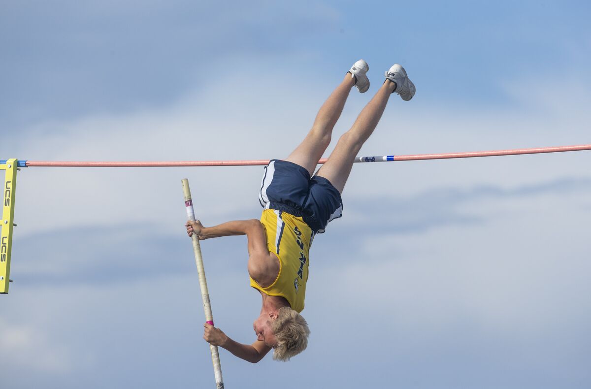 Skyler Magula, shown competing for Marina High in the pole vault on May 11, 2019, had his track and field season at Cal end early because of the coronavirus.