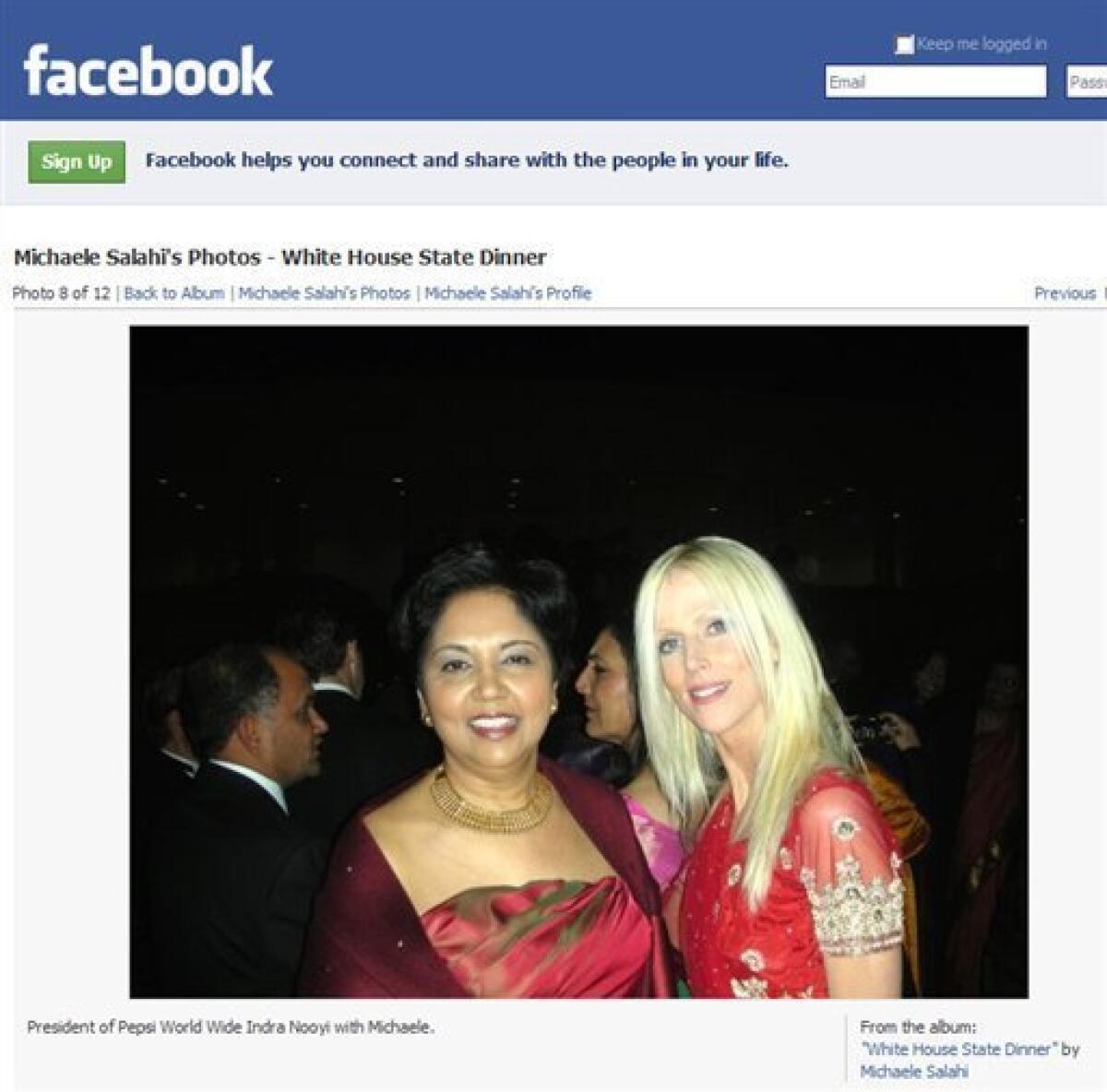 This screen image made from Michaele Salahi's Facebook page shows a photo Michaele Salahi, right, with the CEO of PepsiCo, Indra Nooyi, at the White House state dinner in Washington on Tuesday Nov. 24, 2009. The Secret Service is looking into its own security procedures after determining that a Virginia couple, Michaele and Tareq Salahi, managed to slip into Tuesday night's state dinner at the White House even though they were not on the guest list, agency spokesman Ed Donovan said. (AP Photo) NO SALES