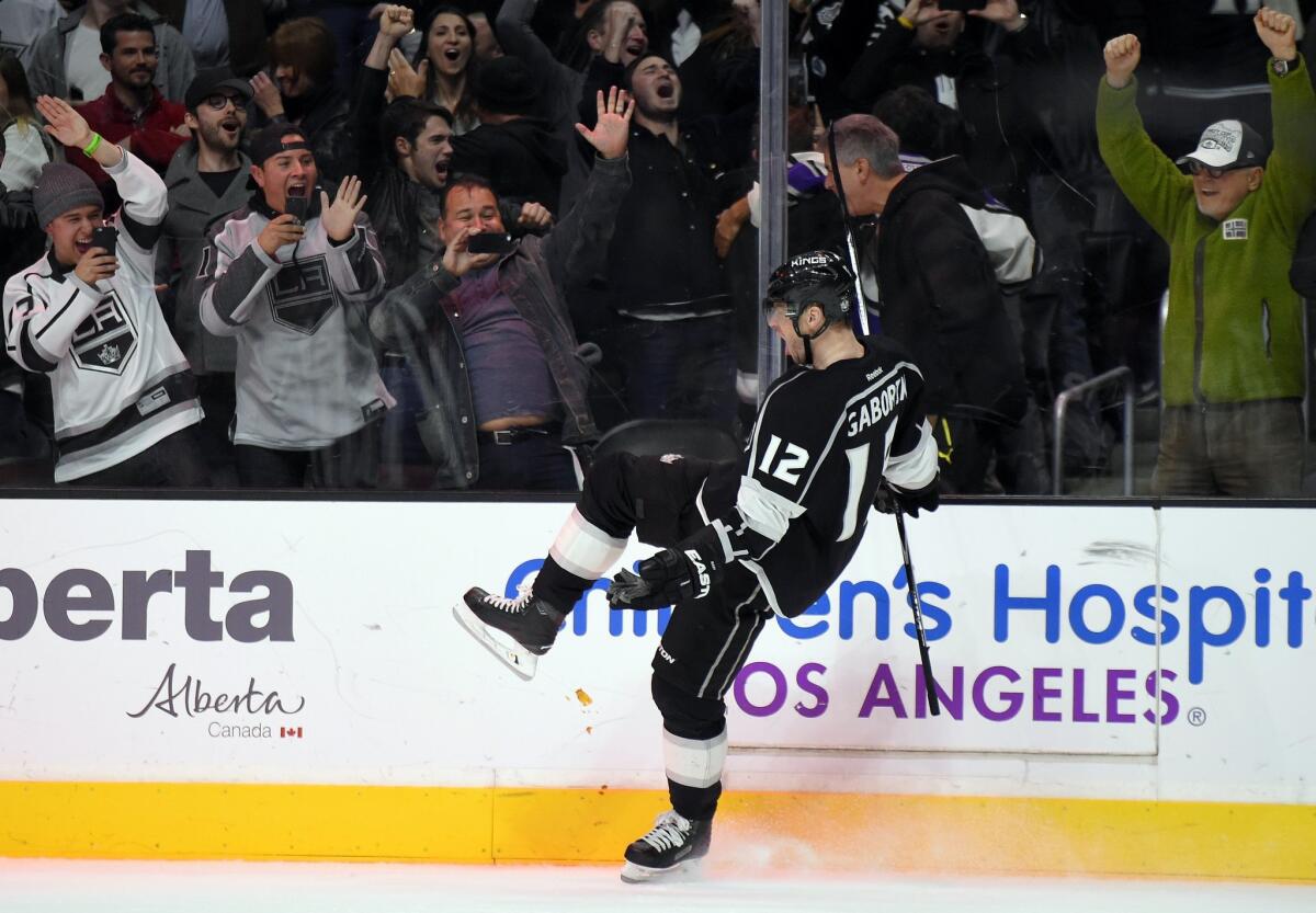 Kings right wing Marian Gaborik celebrates after scoring the game-winning goal in overtime against Chicago on Saturday night.