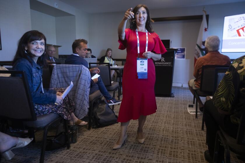 Indian Wells, CA September 7, 2019: Delegate Lisa Moreno speaks before a training: Engaging Hispanic Communities during the California GOP convention in Indian Wells, CA September 7, 2019. (Francine Orr/ Los Angeles Times)