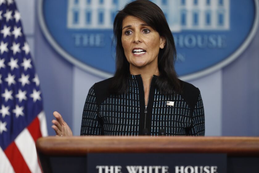 FILE - U.S. Ambassador to the United Nations Nikki Haley speaks during a news briefing at the White House, in Washington, Sept. 15, 2017. Few have navigated the turbulent politics of the Trump era like Haley. She once vowed not to step in the way if former President Donald Trump ran for the Republican presidential nomination in 2024. But on Wednesday, she is poised to become the first major Republican candidate to enter the race against him. (AP Photo/Carolyn Kaster, File)
