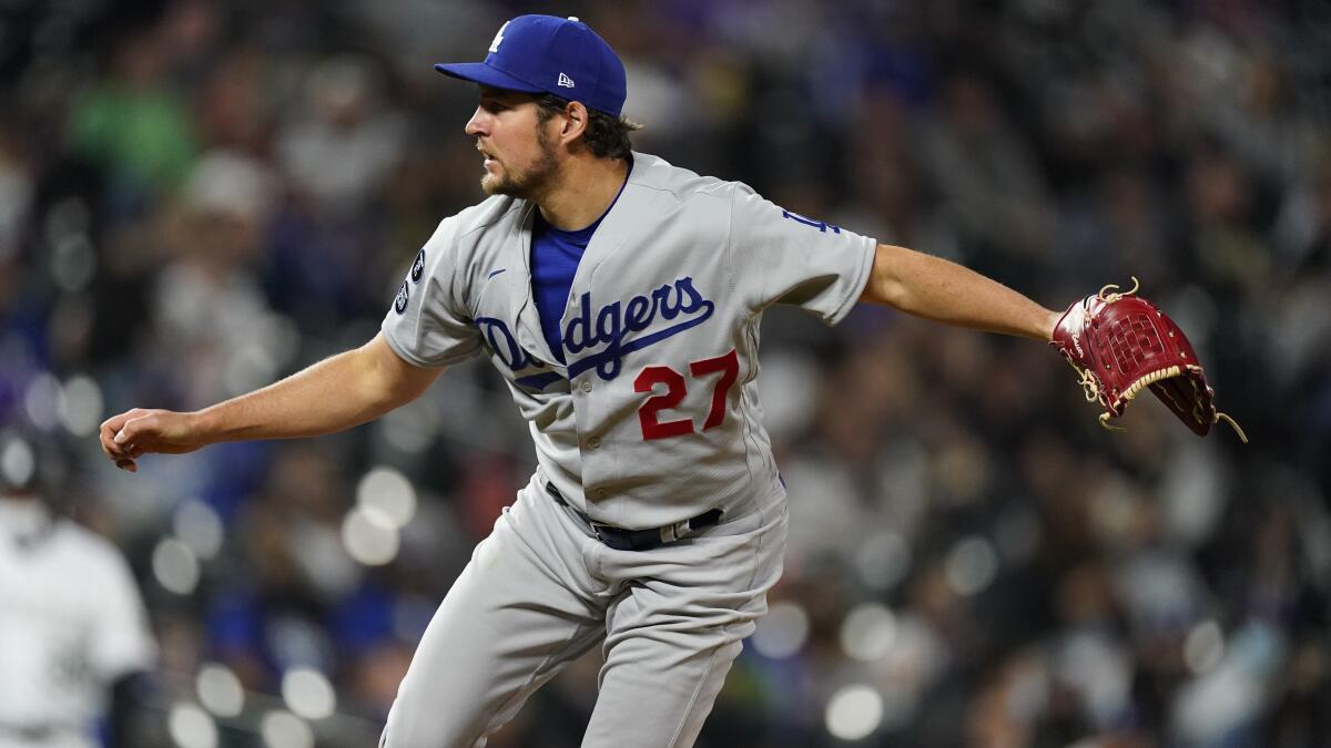 Dodgers pitcher Trevor Bauer throws against the Colorado Rockies in April 2021.