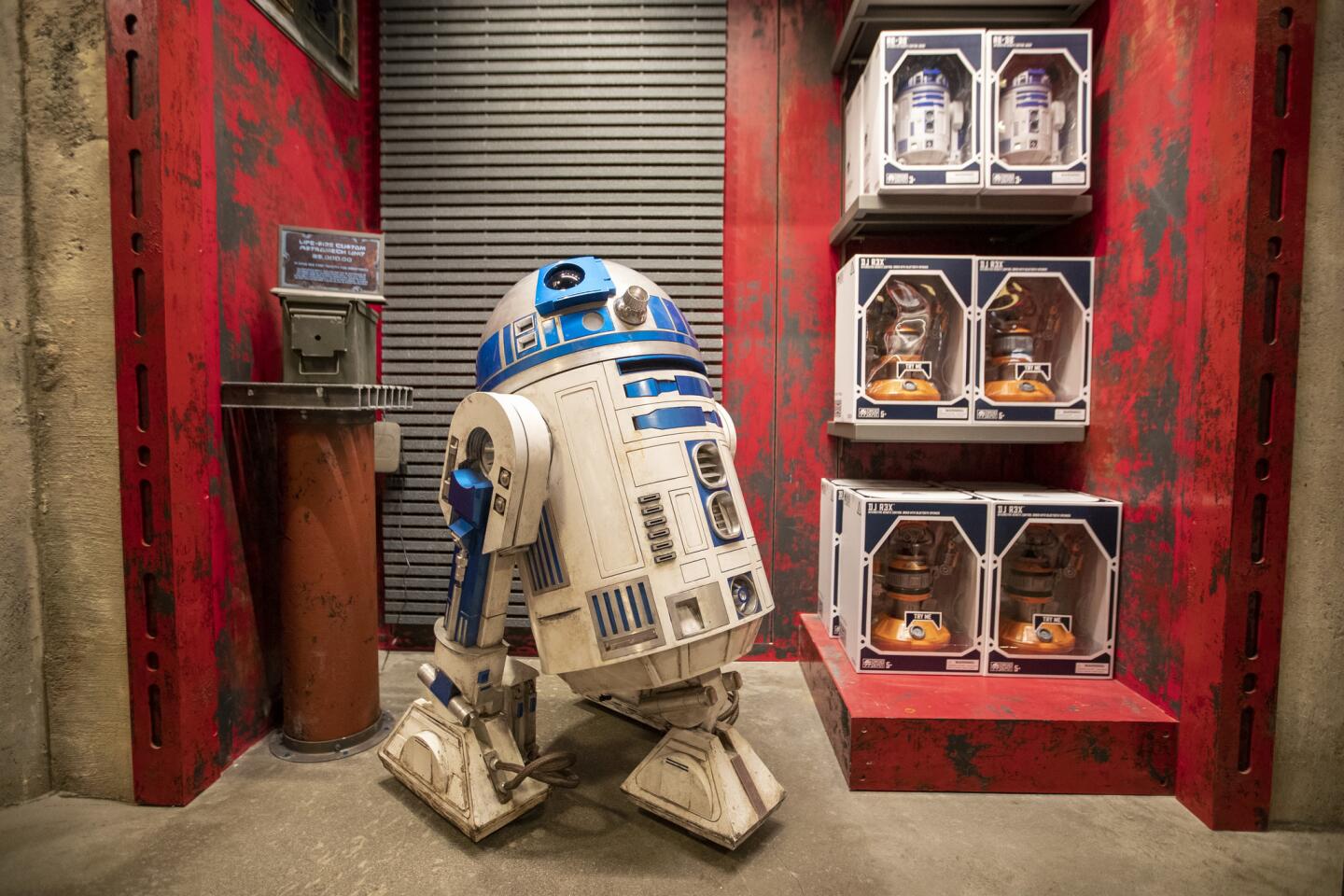 A view of merchandise for sale at the Droid Depot inside Star Wars: Galaxy's Edge.