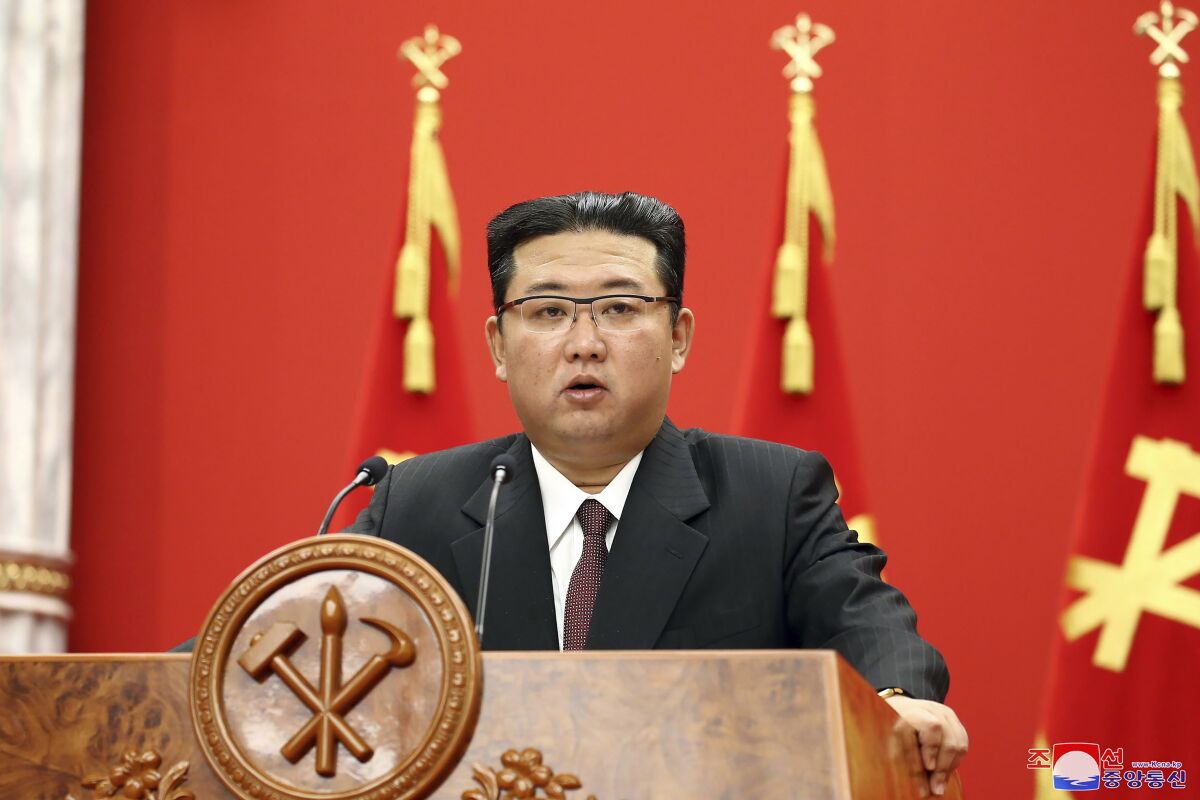 In this photo provided by the North Korean government, North Korean leader Kim Jong Un delivers a speech during an event to celebrate the 76th anniversary of the country’s Workers' Party in Pyongyang, North Korea Sunday, Oct. 10, 2021. Independent journalists were not given access to cover the event depicted in this image distributed by the North Korean government. The content of this image is as provided and cannot be independently verified. Korean language watermark on image as provided by source reads: "KCNA" which is the abbreviation for Korean Central News Agency. (Korean Central News Agency/Korea News Service via AP)