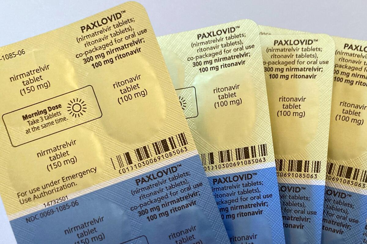 Doses of the anti-viral drug Paxlovid are displayed in their packaging.