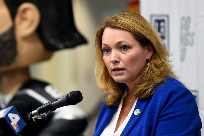 HERMOSA BEACH, CA - SEPTEMBER 24: Nicole Hockley, cofounder and managing director of SHP, talks during the Sandy Hook Promise announcement of a partnership with the Los Angeles Kings on September 24, 2019 at Hermosa Valley School in Hermosa Beach, California. (Photo by Juan Ocampo/NHLI via Getty Images)