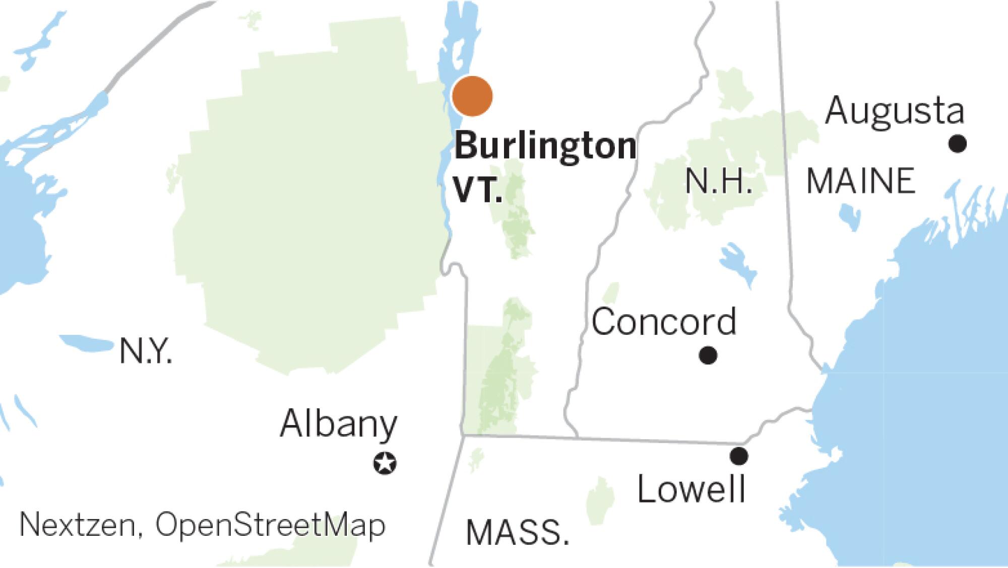 Locator map highlighting Burlington, Vt.