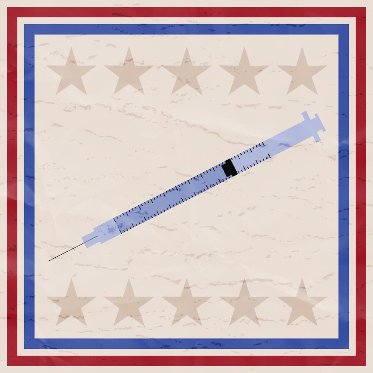 An illustration of a syringe on a patriotic background 