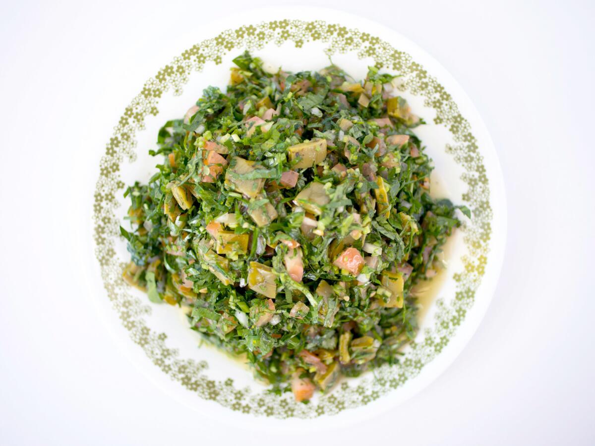 Tabouleh Oaxaca salad with tomatoes, cilantro, onions and citrus at X'tiosu Kitchen in Boyle Heights.