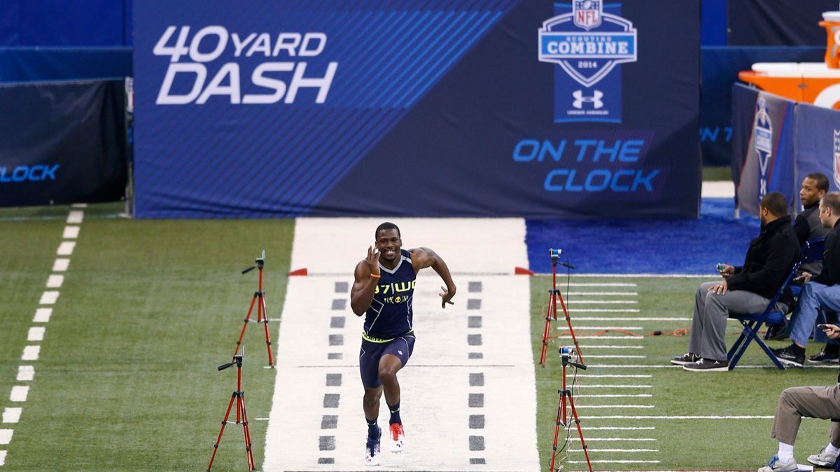Former Alabama wide receiver Kevin Norwood runs the 40-yard dash during the 2014 NFL combine at Lucas Oil Stadium in Indianapolis.