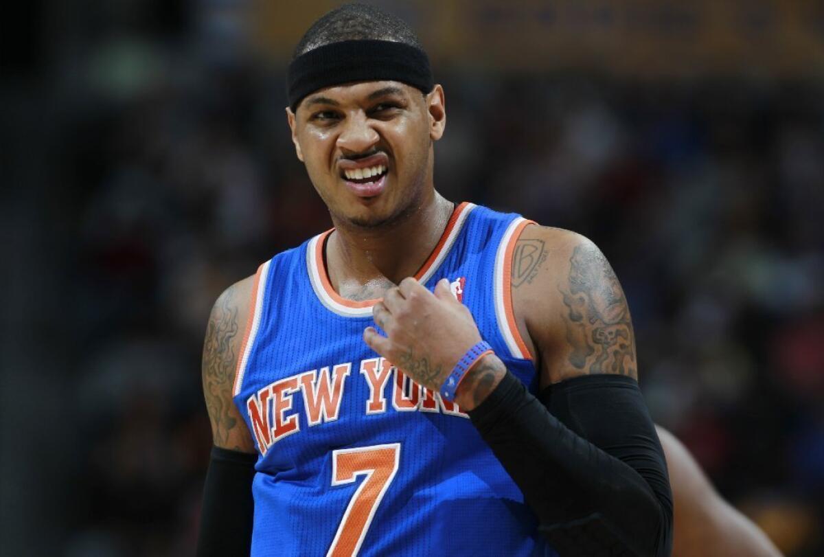 New York Knicks forward Carmelo Anthony reacts after being fouled on Friday.