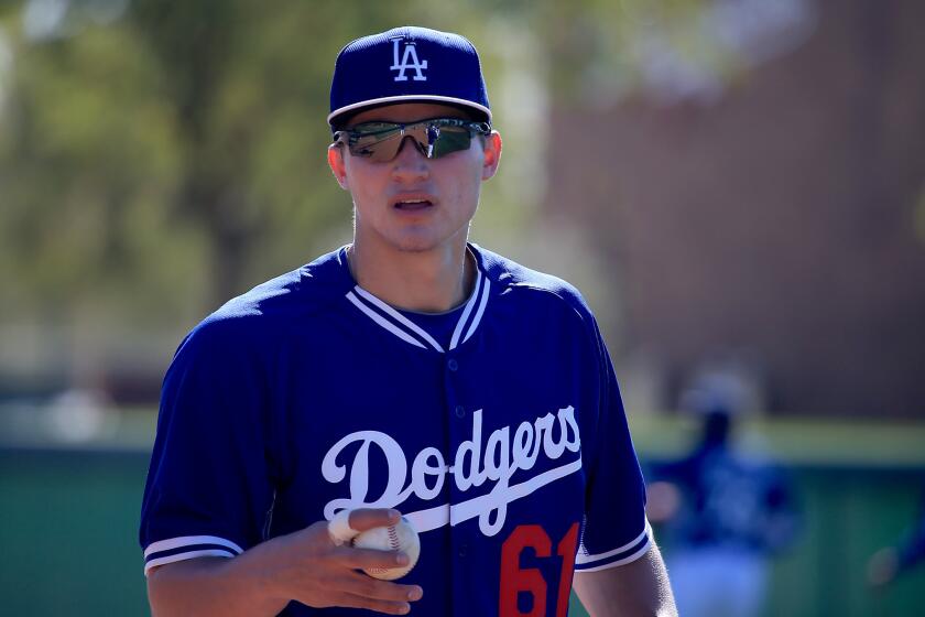 Corey Seager, shown at spring training in March, is considered the top prospect in the Dodgers' system.