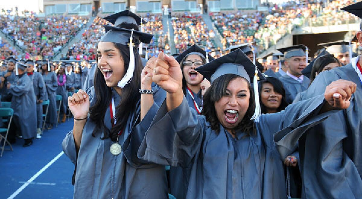 The latest federal report on public school graduation and dropout rates paints an improving picture of high school education. Above, the Fremont High Class of 2012 celebrates graduation day at Home Depot Center in Carson.