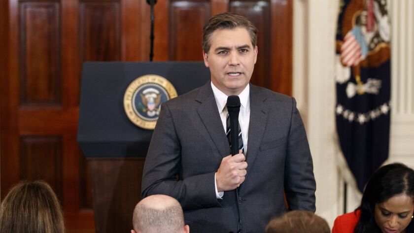 CNN journalist Jim Acosta does a standup before a news conference with President Trump in the White House on Nov. 7, 2018.