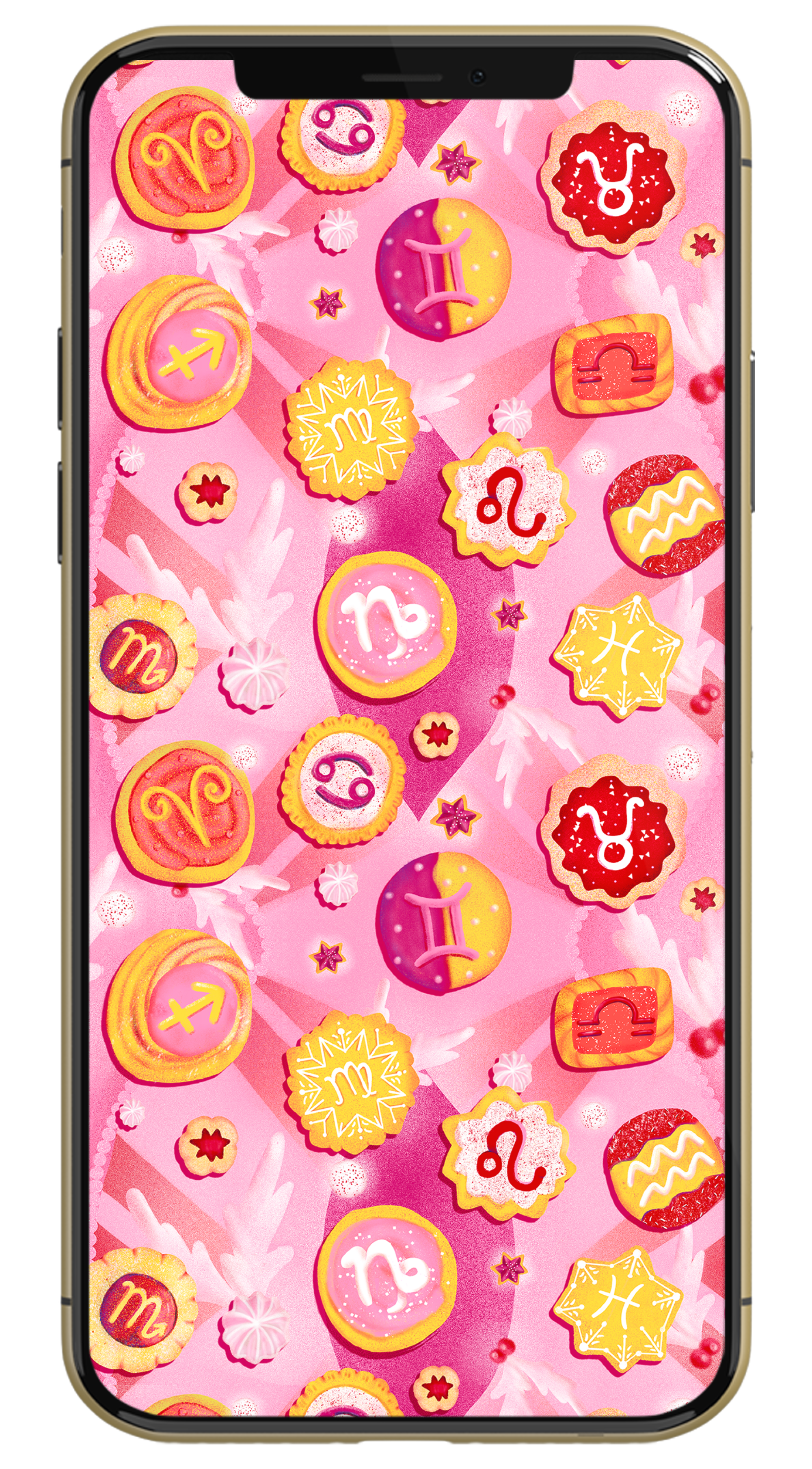 Wallpaper on an Iphone of Christmas cookies decorated with astrological signs. 