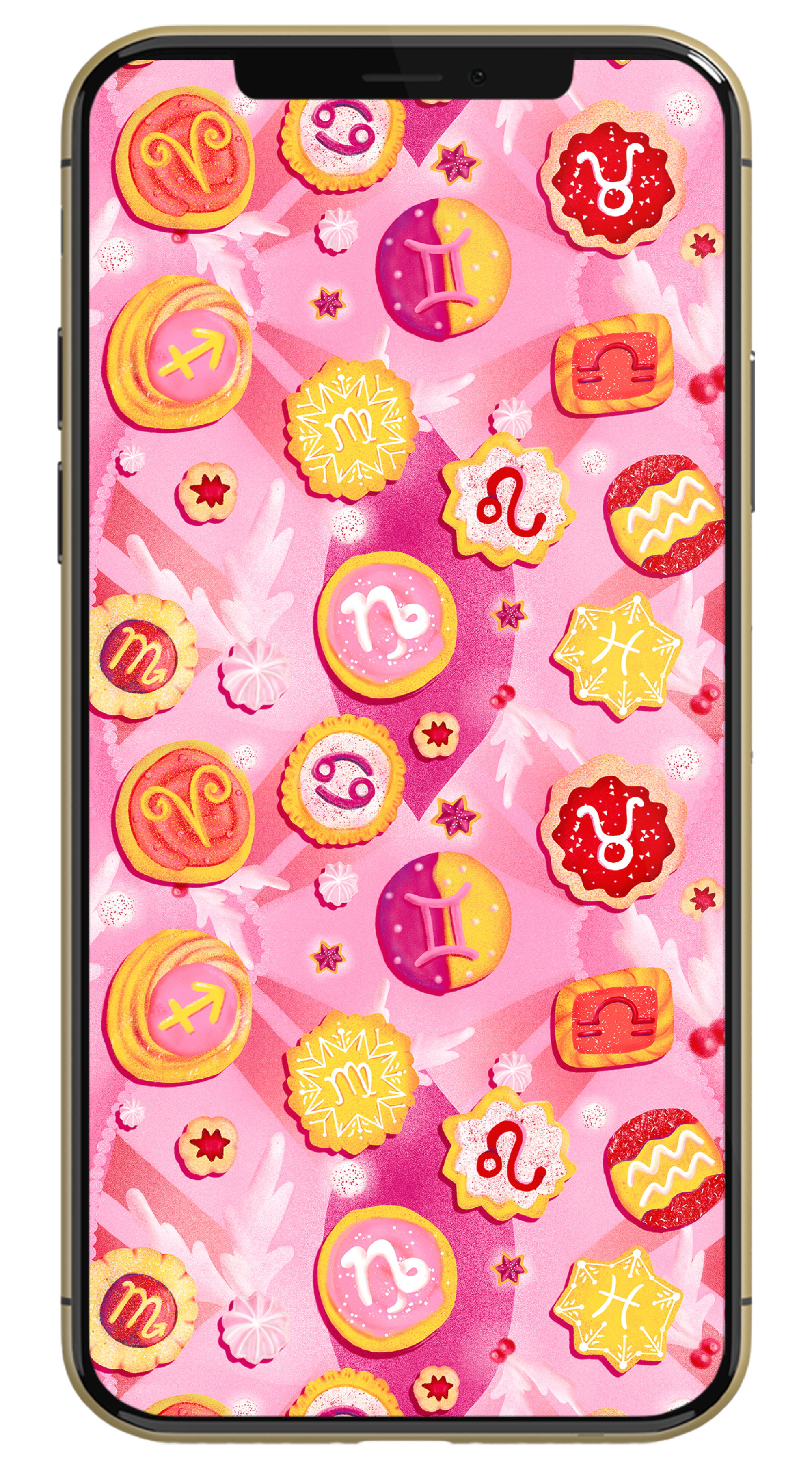 Wallpaper on an Iphone of Christmas cookies decorated with astrological signs.