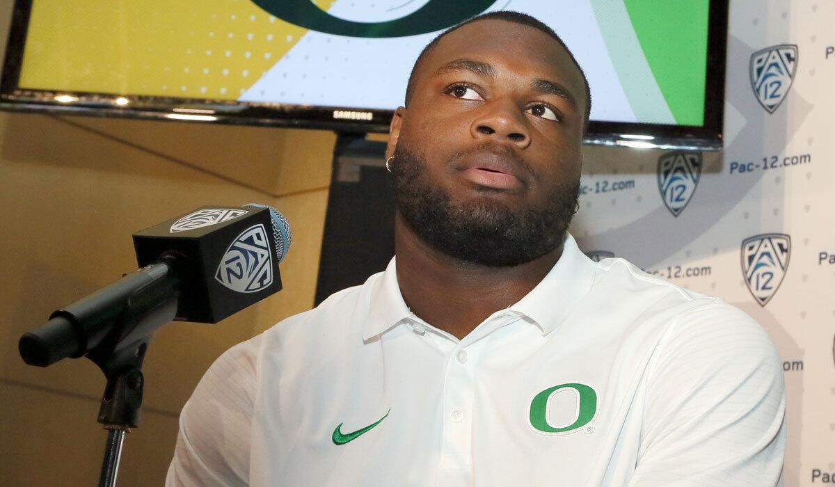 Oregon running back Royce Freeman speaks at the Pac-12 media day in Hollywood.