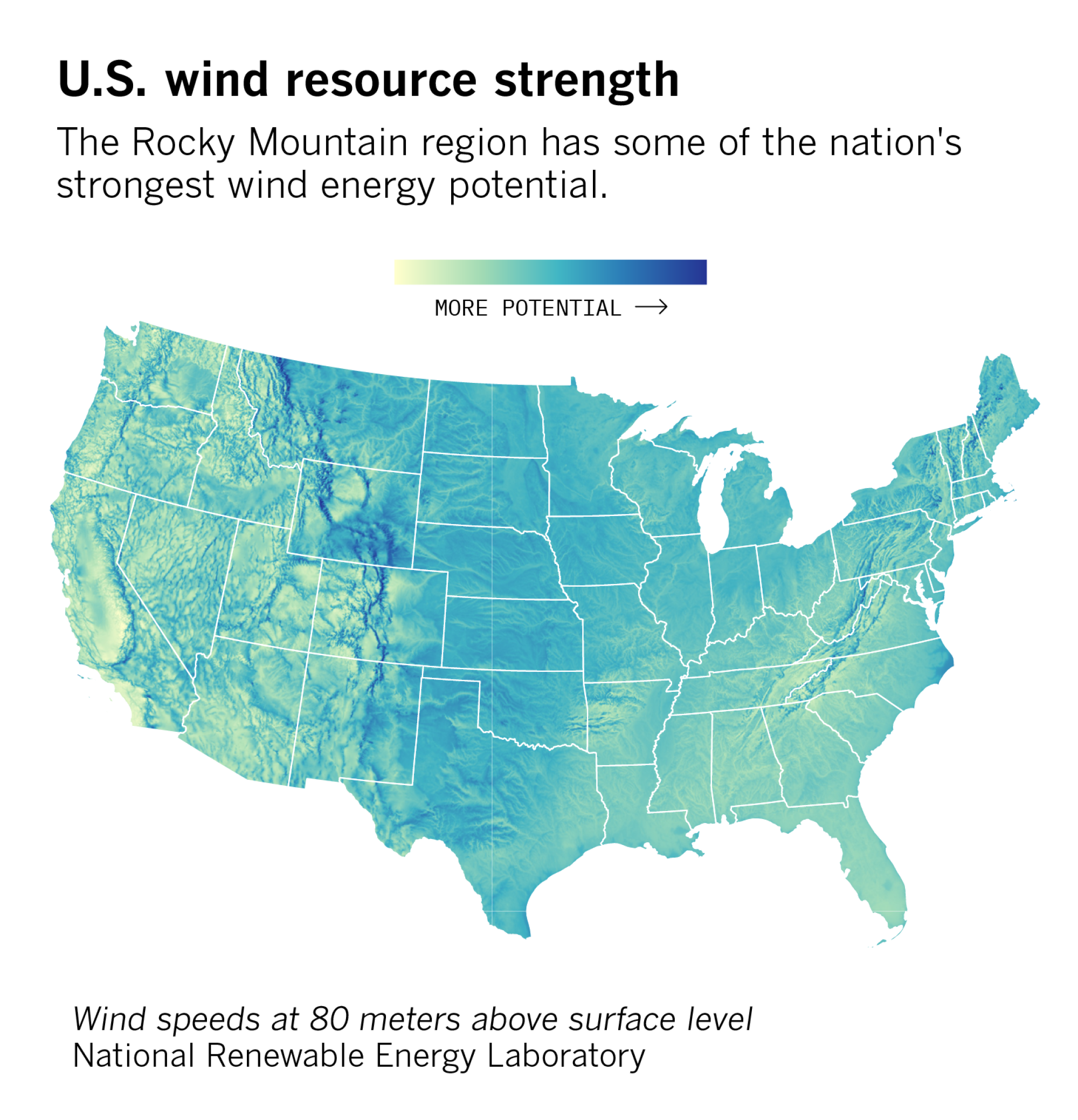 A map of U.S. wind resource strength.
