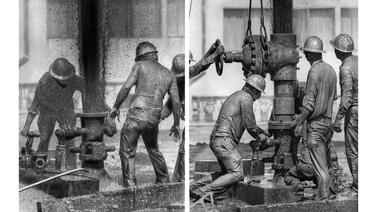 Oct. 2, 1975: Workmen, left, struggle to put cap with a shutoff valve in place after oil well blowout. Once cap in place, right, flow is turned off.