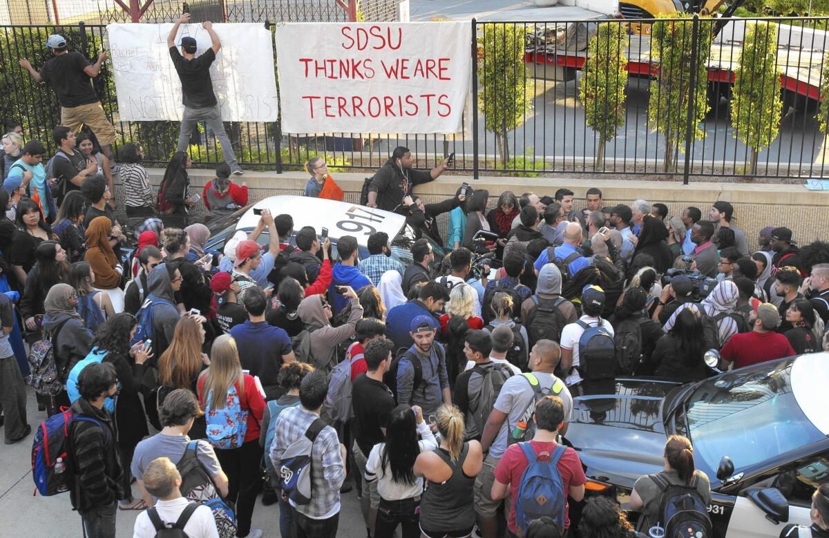 San Diego State students, upset at the university president's response to recent anti-Muslim fliers, protest on campus last week.