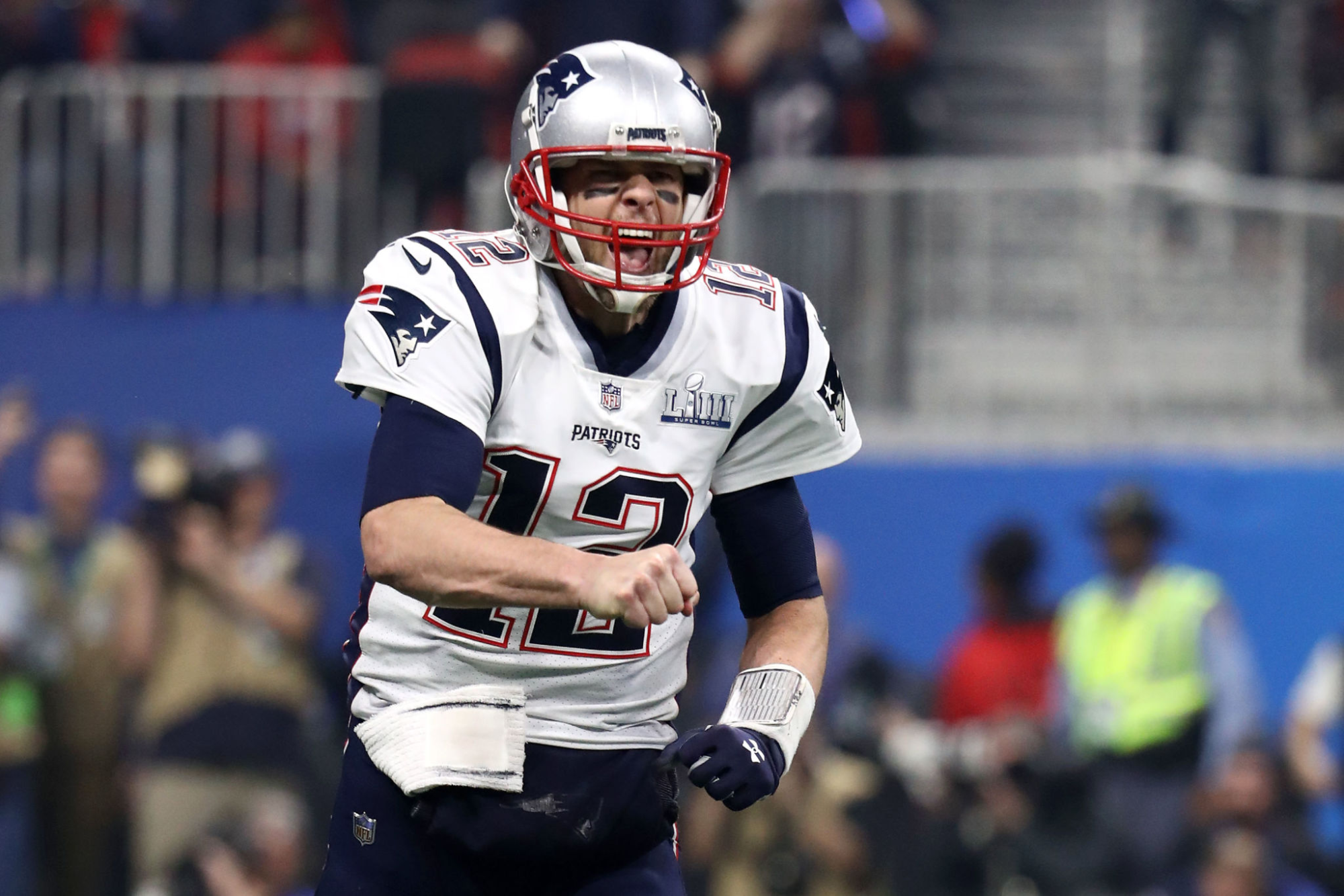 Tom Brady celebrates during the New England Patriots' win over the Rams in Super Bowl LIII on Feb. 3, 2019.