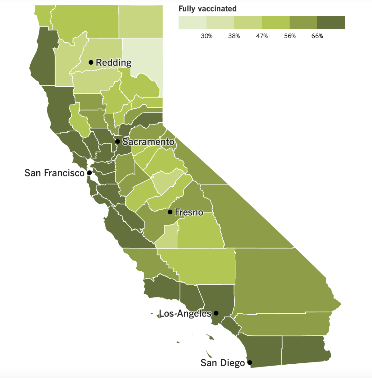 A map showing California's COVID-19 vaccination progress by county as of May 24, 2022.