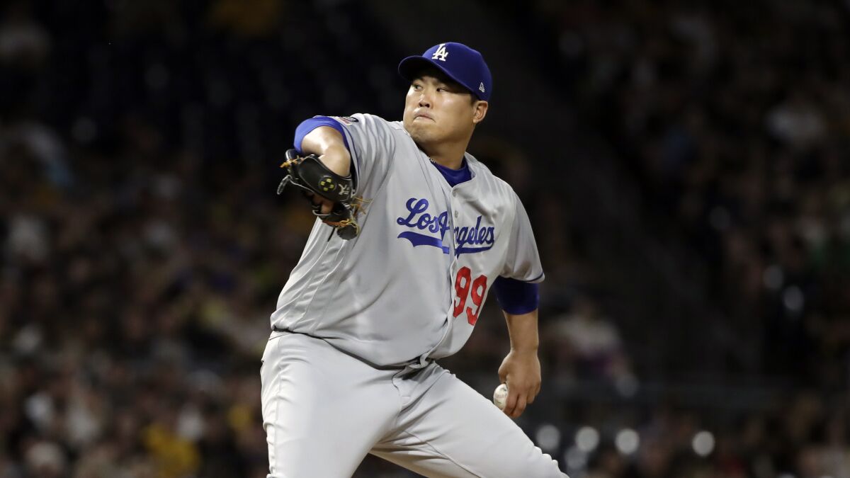 Dodgers starting pitcher Hyun-Jin Ryu delivers during the first inning against the Pittsburgh Pirates on Saturday.