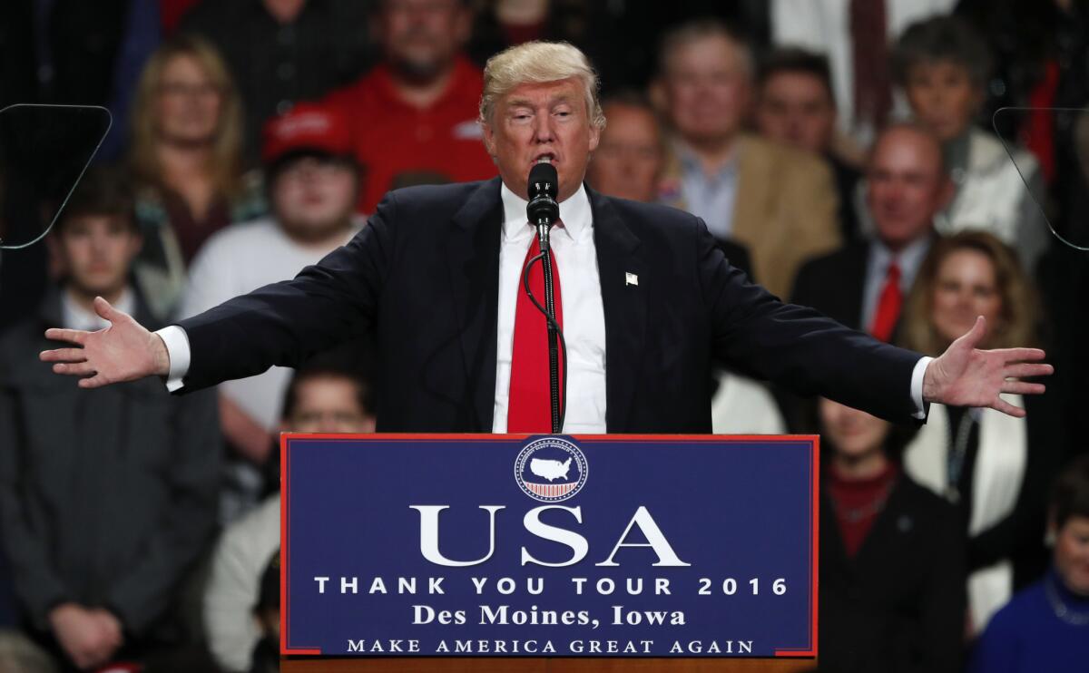 President-elect Donald Trump at a rally in Des Moines on Thursday.