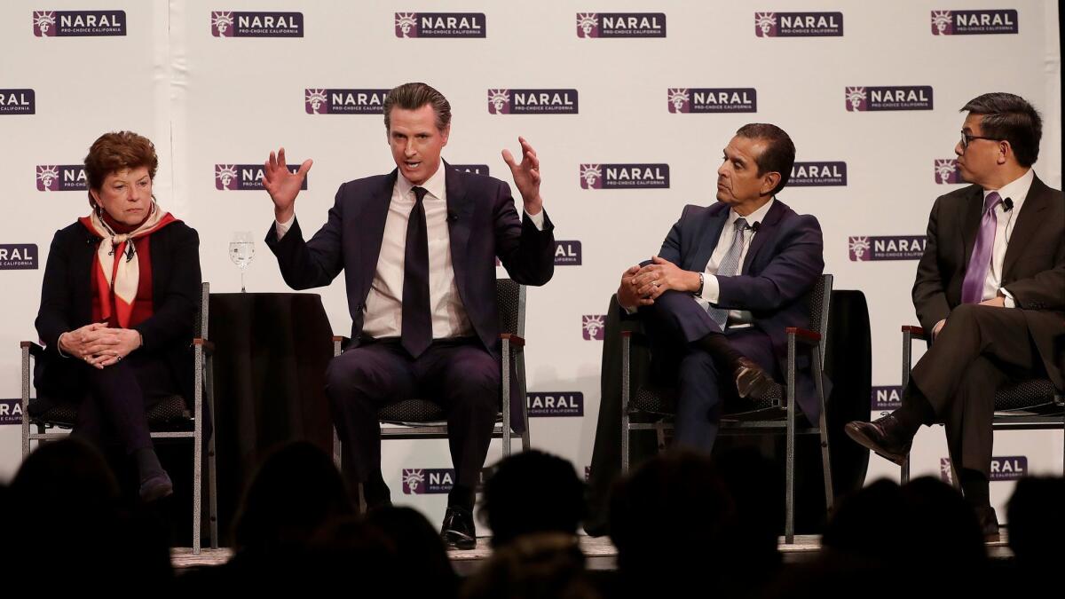 Democratic candidates for California governor Delaine Eastin, from left, Gavin Newsom, Antonio Villaraigosa and John Chiang speak at a NARAL Pro-Choice California event in San Francisco on Tuesday.